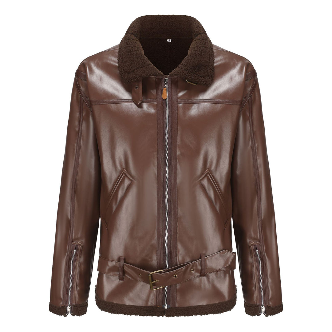 Herren Kunstleder-Fliegerjacke mit Teddyfutter, Reißverschlusstaschen und Taillengürtel Shop Nory
