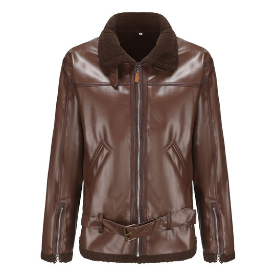 Herren Kunstleder-Fliegerjacke mit Teddyfutter, Reißverschlusstaschen und Taillengürtel Shop Nory