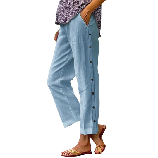Damen Cropped Weitbeinige Knopf-Trim Leinen-Mischung Casual Hose Shop Nory