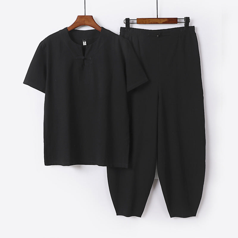 Herren Zweiteiliges Set mit Kurzarm-Stehkragenhemd und elastischer Haremshose Shop Nory