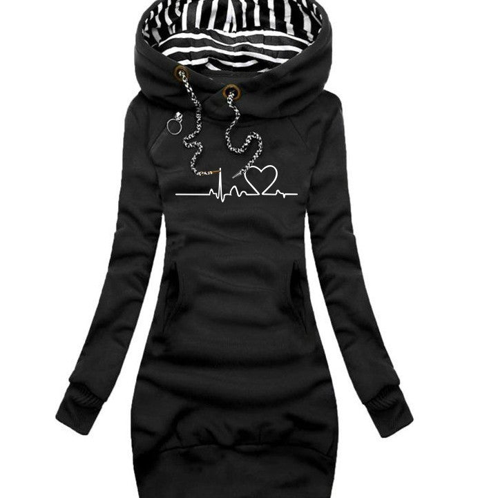 Damen Kapuzen-Sweatkleid mit gestreiftem Kapuzenfutter, Kängurutasche und Herz-EKG-Druck Shop Nory