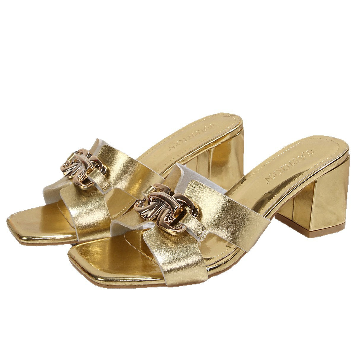 Damen Glamouröse Sandalen mit glänzenden Metall-Details und blockförmigem Absatz