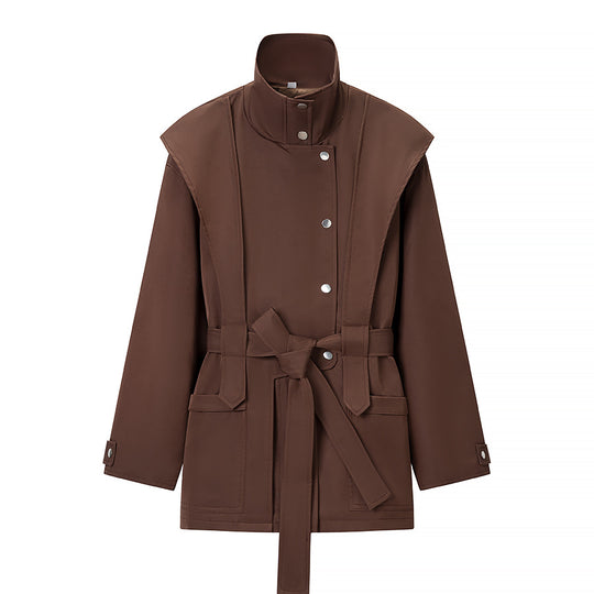 Damen Taillierte Übergangsjacke mit Stehkragen, Schultercape und Bindegürtel Shop Nory