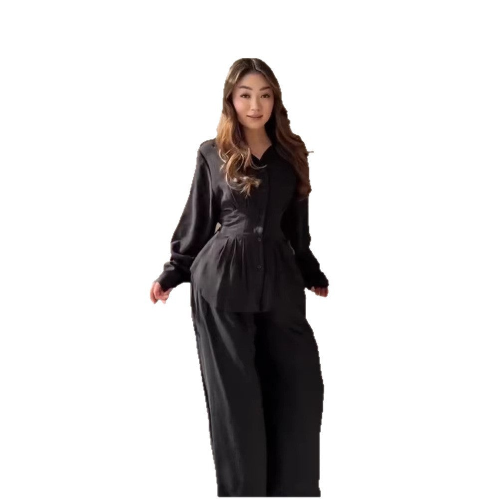 Damen Elegantes zweiteiliges Satin-Loungewear-Set mit taillierter Bluse und weitem Hosenbein Shop Nory