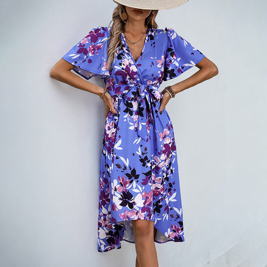 Damen Leichtes Chiffon-Midikleid Wickeloptik mit V-Ausschnitt, Taillenband und asymmetrischem Zipfelrock Shop Nory
