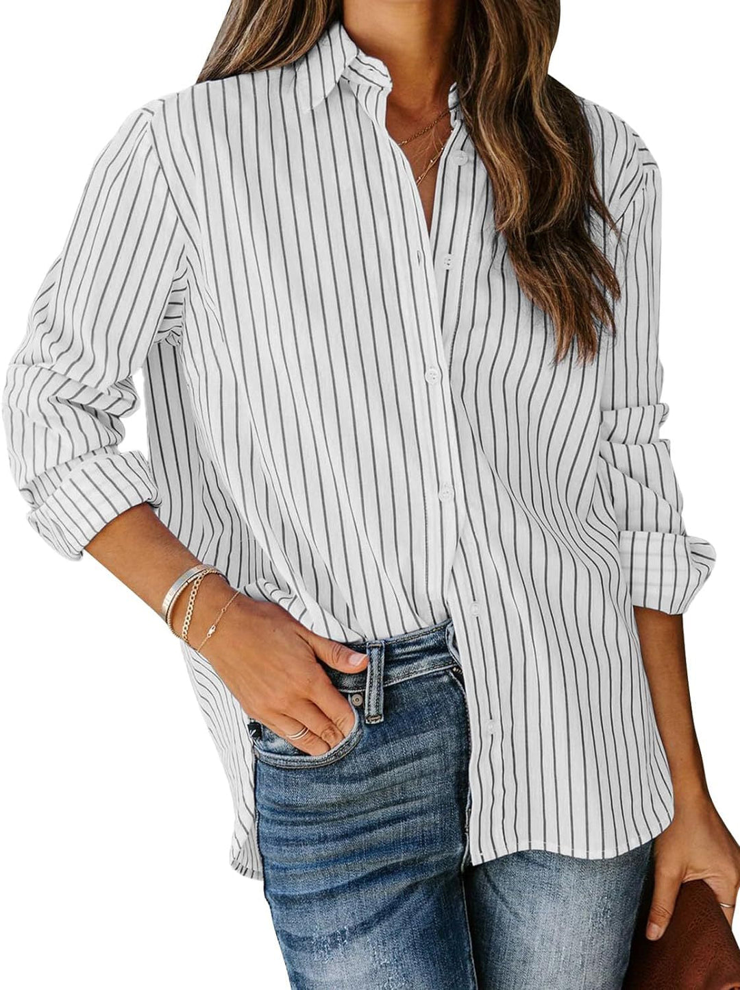 Damen gestreifte Bluse mit klassischem Kragen und lässigem Schnitt
