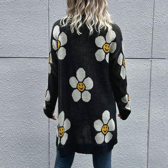 Damen Langer Blumenjacquard-Strickcardigan mit Oversize-Ärmeln und Rippbund Shop Nory