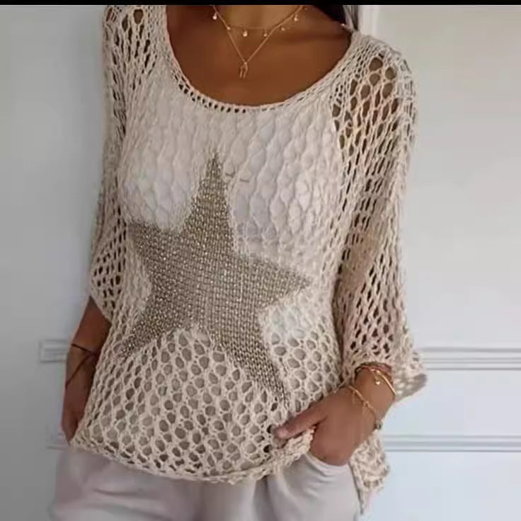 Damen nan oversized gehäkelter Pullover mit Sternapplikation und 3/4-Ärmeln Shop Nory