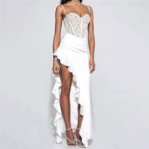 Damen Brautkleid mit Spitzenoberteil und asymmetrischen Rüschen