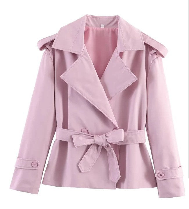Damen Taillierter kurzer Trenchcoat mit Bindegürtel und Epauletten Shop Nory