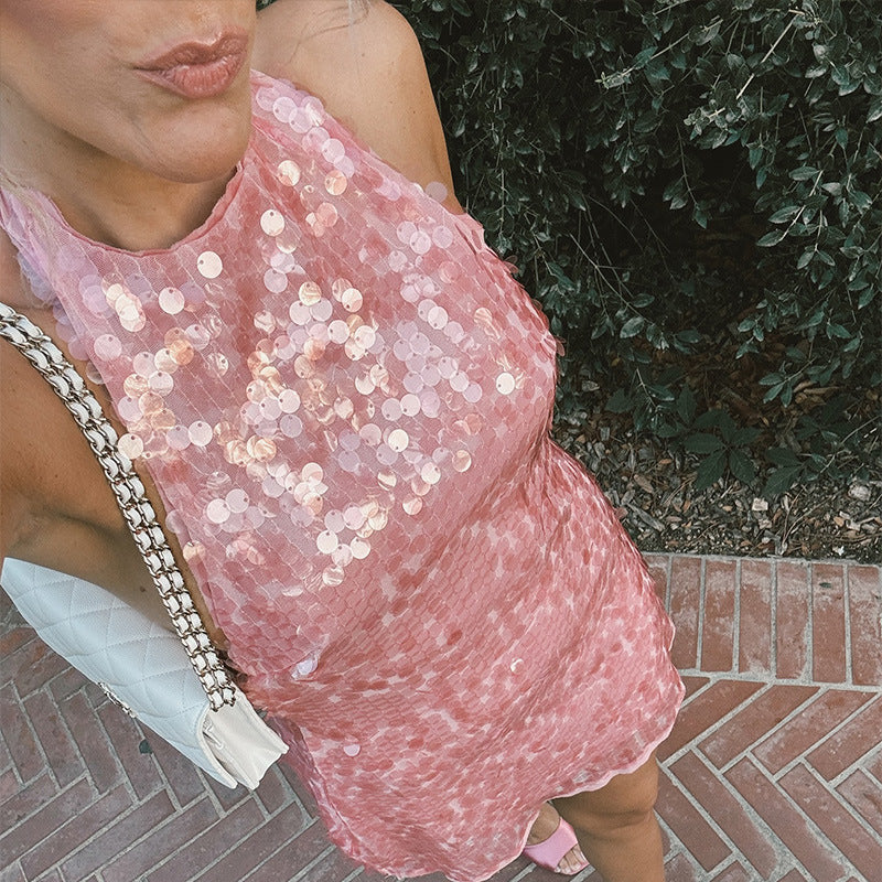 Damen Glamouröses Pailletten-Minikleid mit haltem Ausschnitt