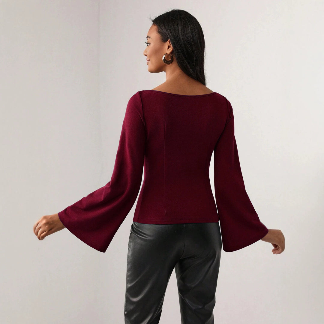 Damen figurbetontes Oberteil mit Cut-Out-Ausschnitt und Glockenärmeln Shop Nory