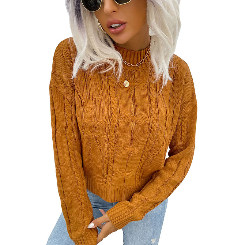Damen Kurzgeschnittener Zopfmuster-Strickpullover mit Stehkragen Shop Nory