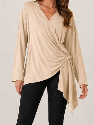 Damen Wickelshirt mit seitlicher Knotenpartie, V‑Ausschnitt und asymmetrischem Saum Shop Nory