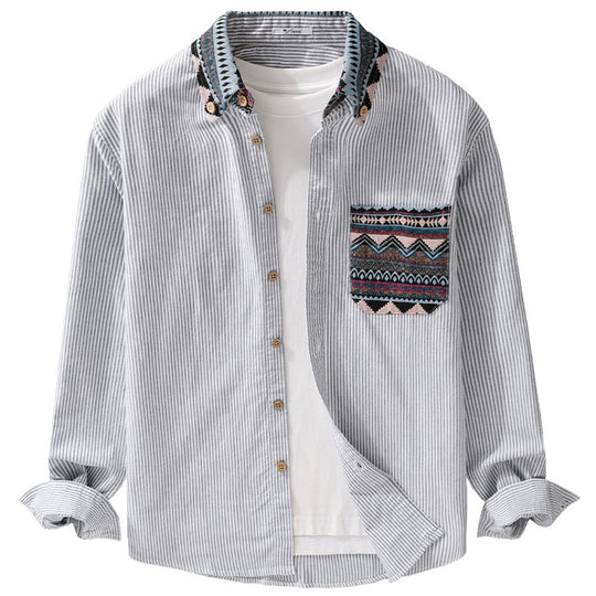 Herren Gestreiftes Baumwollhemd mit Jacquard-Kragen und Taschenbesatz Shop Nory