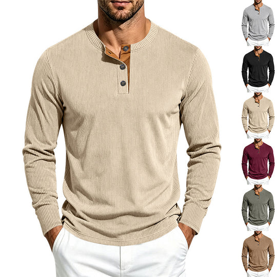 Herren Geripptes Henley-Langarmshirt aus Feinstrick mit Stehkragen und Knopfleiste Shop Nory