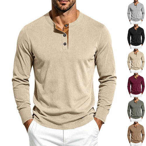Herren Geripptes Henley-Langarmshirt aus Feinstrick mit Stehkragen und Knopfleiste Shop Nory