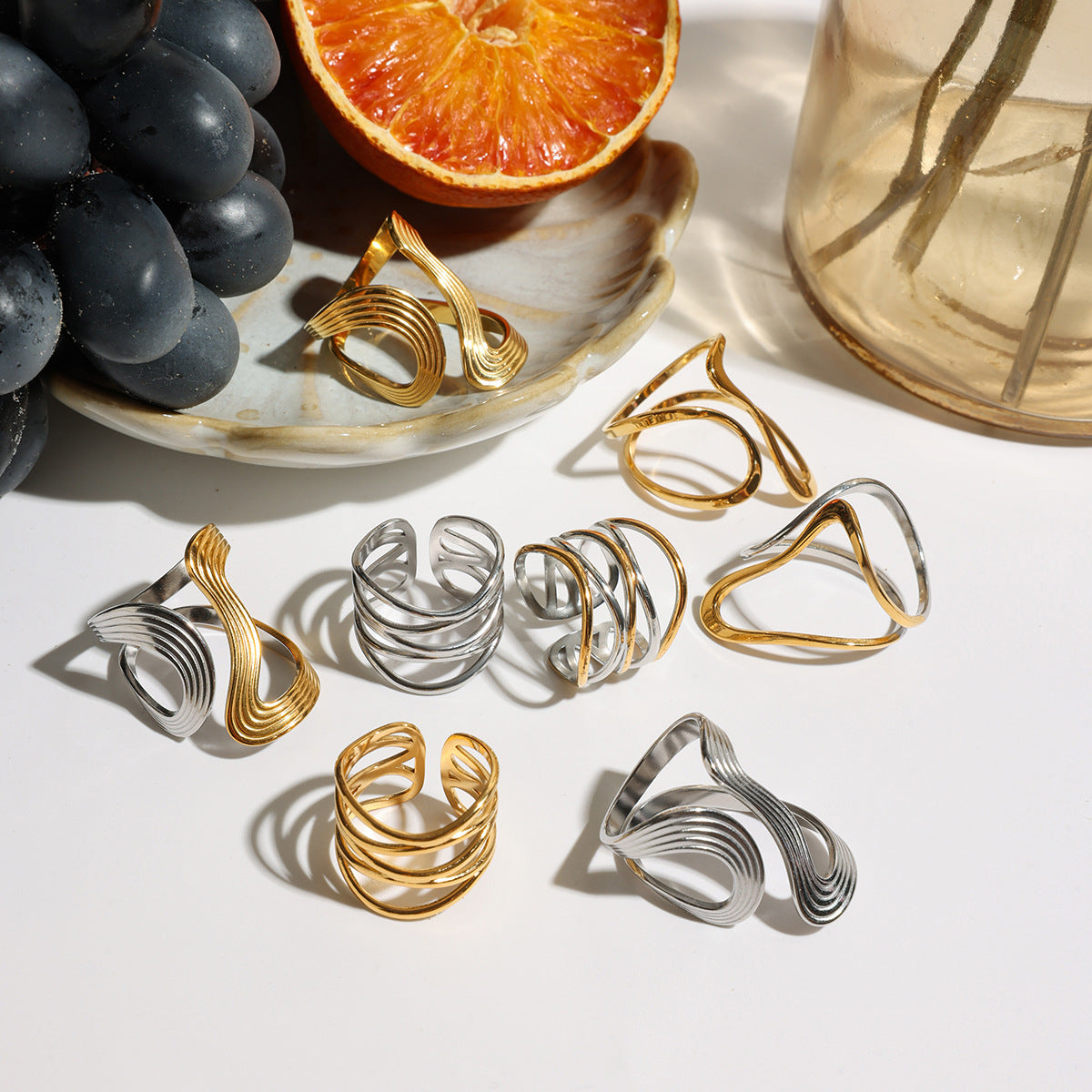 Damen Offener Ring mit elegantem Wellen-Design aus hypoallergenem Edelstahl Shop Nory