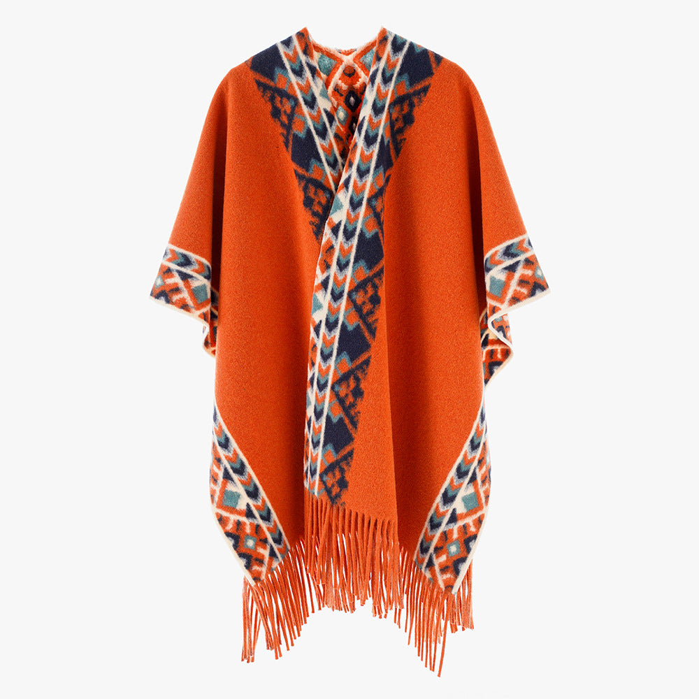 Damen Poncho‑Überwurf mit Ethno-Jacquard und Fransensaum Shop Nory