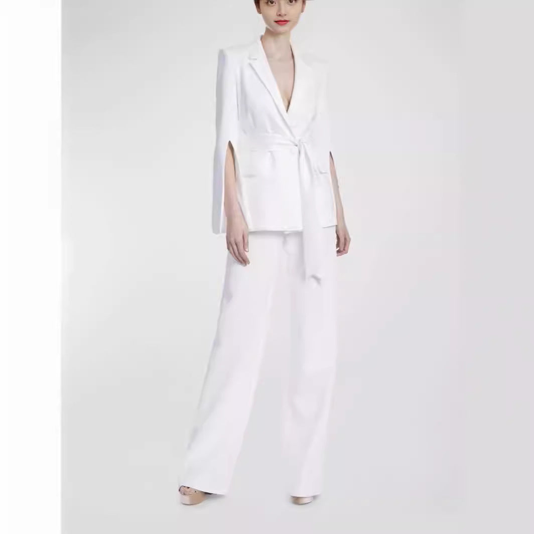 Damen Taillierter Cape-Blazer mit Bindegürtel und weiten Palazzohosen Shop Nory