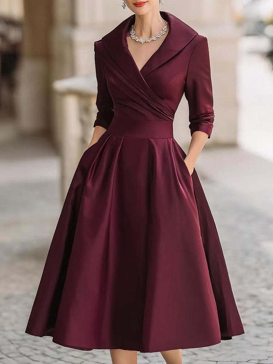 Damen Elegantes Satin-Midikleid mit Wickeloberteil, mittellangen Ärmeln und Eingrifftaschen Shop Nory