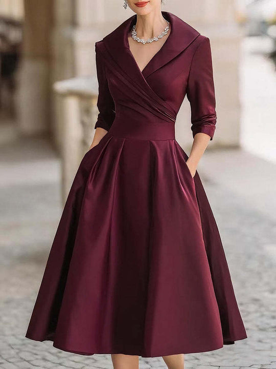 Damen Elegantes Satin-Midikleid mit Wickeloberteil, mittellangen Ärmeln und Eingrifftaschen Shop Nory