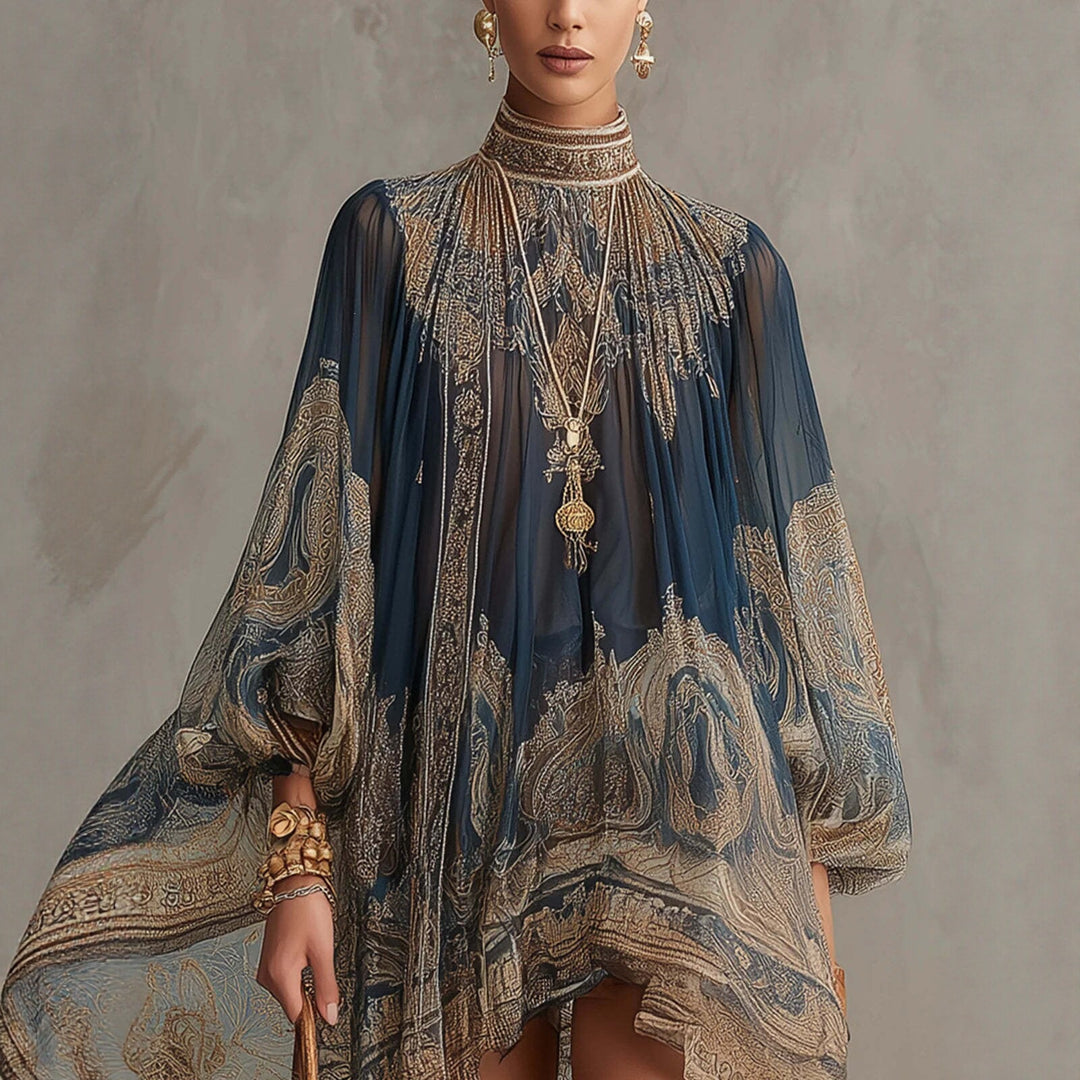 Damen Ätherisches Chiffon Tunika Kleid mit Hohem Stehkragen und Ballonärmeln Shop Nory
