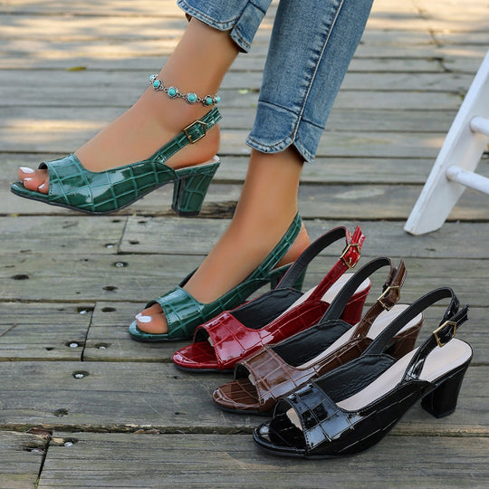 Damen elegante Peeptoe-Slingback Sandalen mit mittelhohem Blockabsatz Kroko-Lackleder-Optik Shop Nory