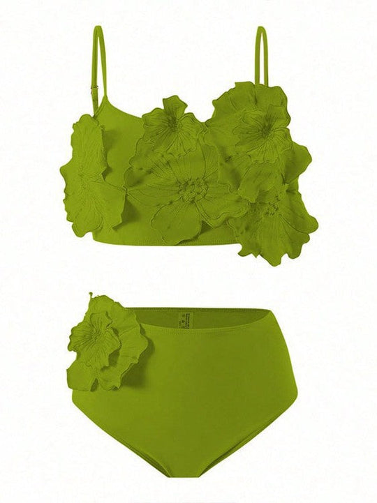 Damen Bikini-Set mit floralem 3D-Design und hochgeschnittenem Unterteil