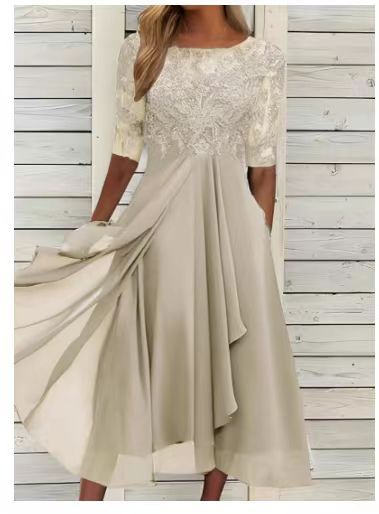 Damen Elegantes Midikleid mit Spitzenärmeln und schwingendem Rock