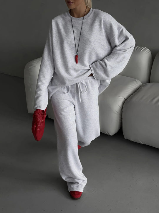 Damen kastiges Sweatstoff-Set mit weichem Rundhalsausschnitt und weiter Kordelbundhose Shop Nory