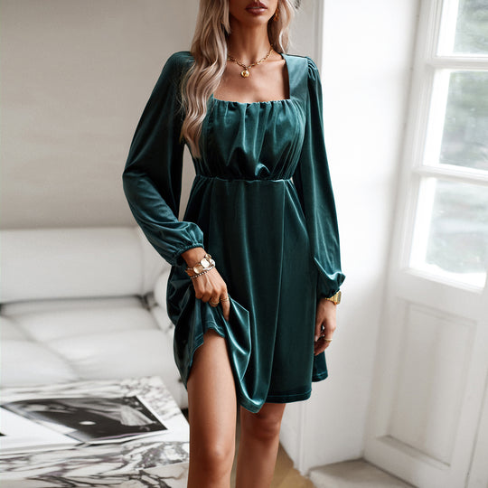 Damen nan Samt-Kurzkleid mit quadratischem Ausschnitt, Empire-Taille und Ballonärmeln Shop Nory
