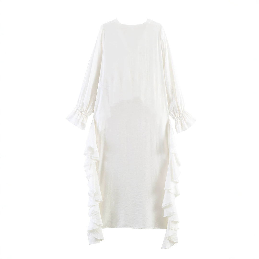 Damen Maxikleid mit asymmetrischem Volantbesatz, V-Ausschnitt und langen Rüschenärmeln Shop Nory