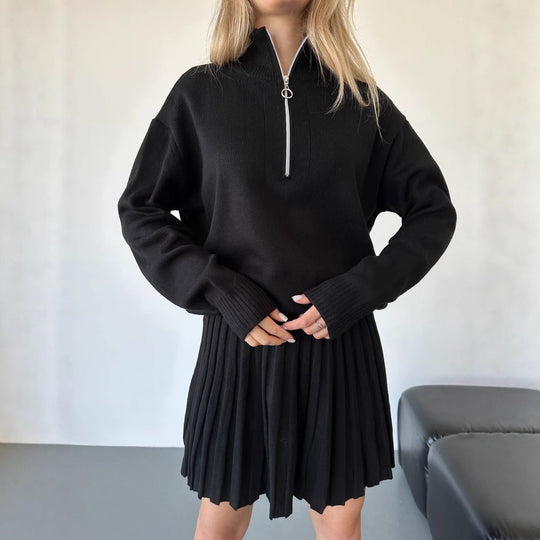 Damen gemütliches Strick-Set mit Reißverschluss-Pullover und plissiertem Rock Shop Nory