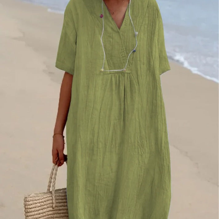 Damen lässiges Midi-Kleid mit V-Ausschnitt und bequemen Kurzärmeln