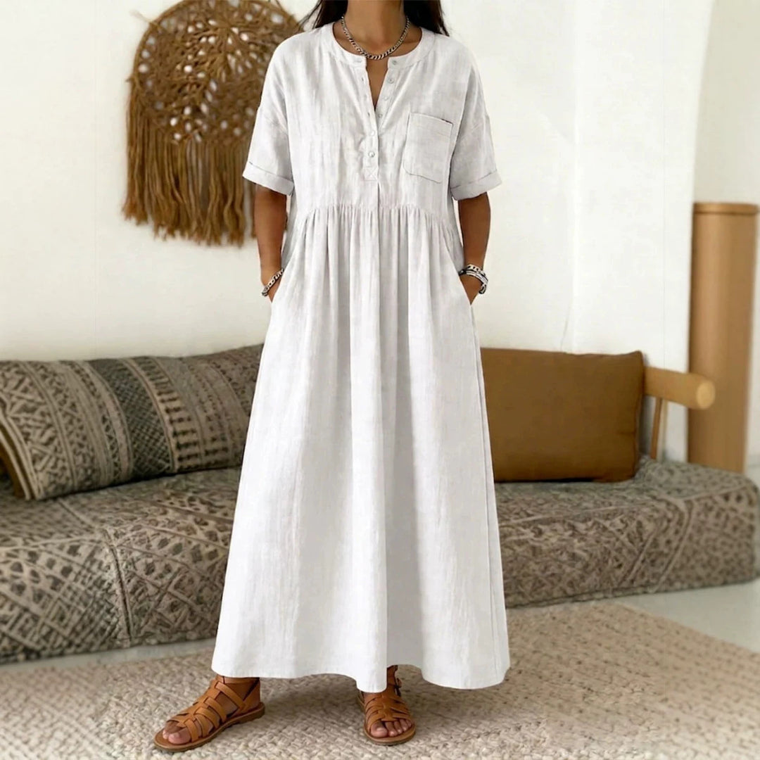 Damen Langes Boho‑Maxikleid mit Henley‑Knopfleiste, Brusttasche und seitlichen Eingrifftaschen Shop Nory