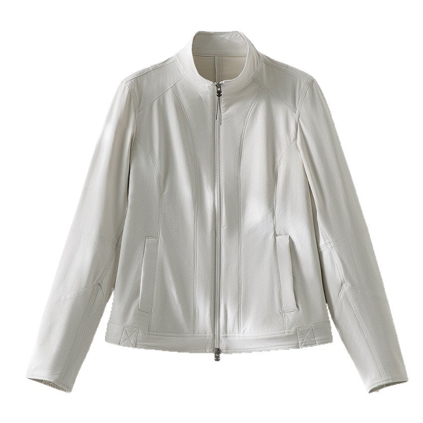 Damen schlichte taillierte Lederjacke mit Stehkragen und Zwei-Wege-Reißverschluss Shop Nory