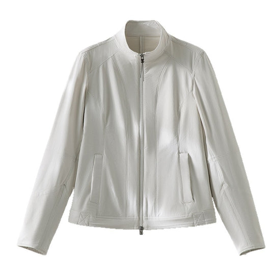 Damen schlichte taillierte Lederjacke mit Stehkragen und Zwei-Wege-Reißverschluss Shop Nory