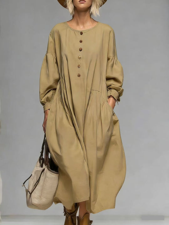 Damen Lässiges Midi-Kleid mit Knopfleiste, Ballonärmeln und Eingrifftaschen Shop Nory