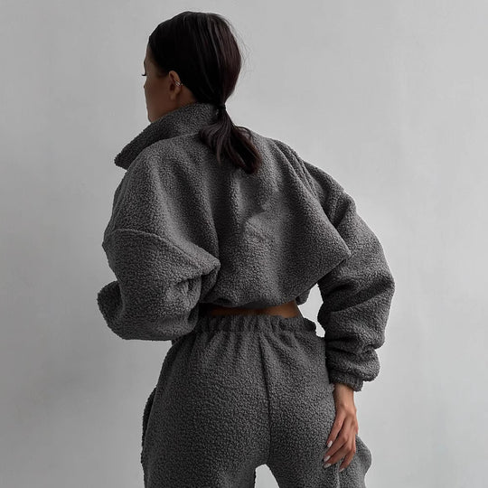 Damen Teddy-Fleece-Loungewear Set mit halbem Reißverschluss elastischem Tunnelzugbund und weitem Bein Shop Nory