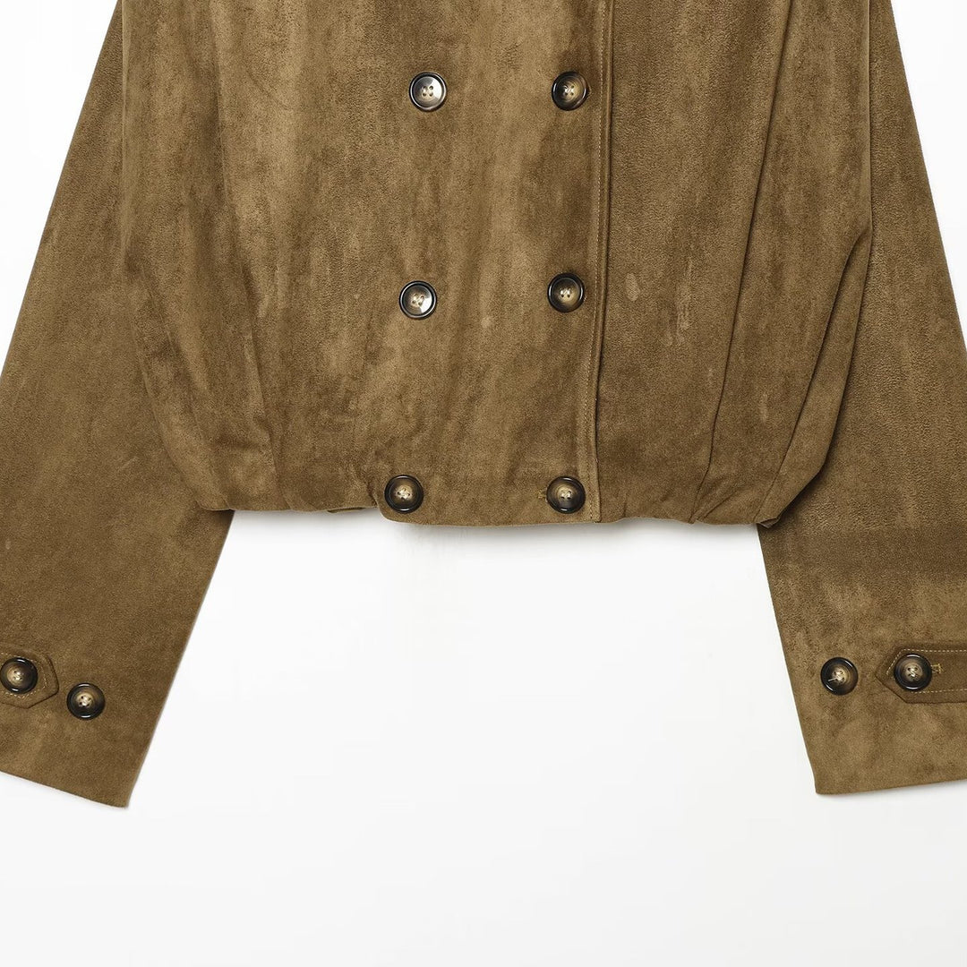 Damen Kurzgeschnittene doppelreihige Wildlederoptik‑Jacke mit Stehkragen und Schulterpatten Shop Nory