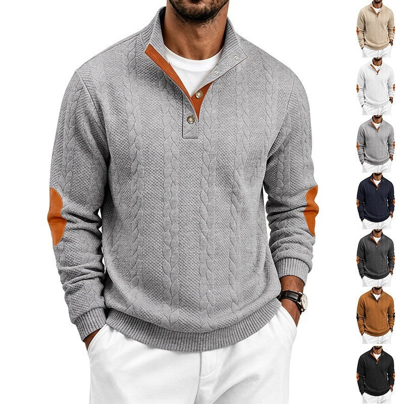 Herren Edler Zopfmuster-Strickpullover mit Kurzknopfleiste und Ellenbogenpatches Shop Nory