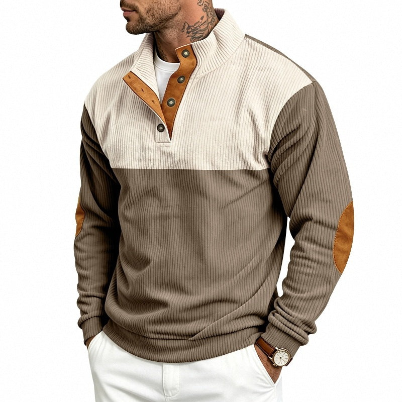 Herren Strukturiertes Ripp-Henley-Halbzip mit Stehkragen und Ellenbogen-Patches Shop Nory