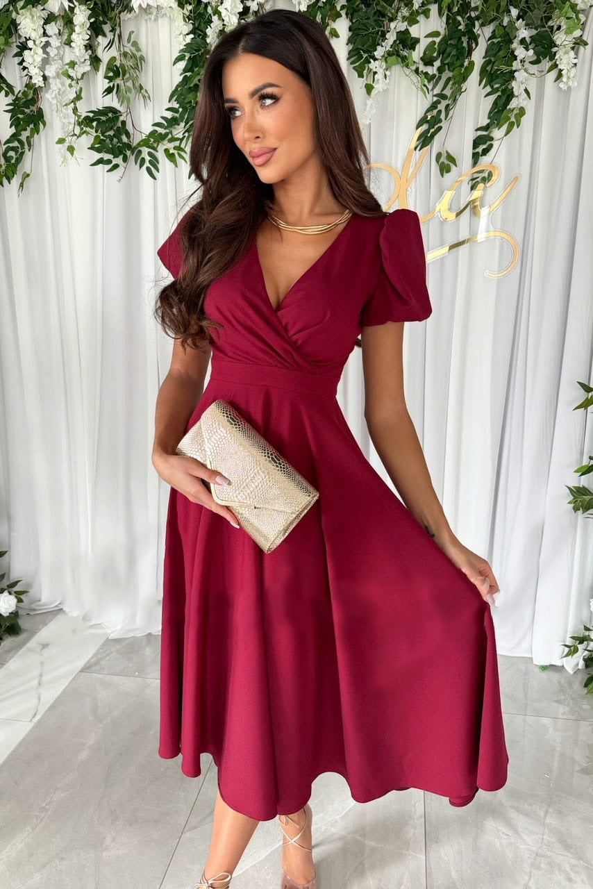 Damen A-Linie Kleid mit Puffärmeln und schmalem V-Ausschnitt