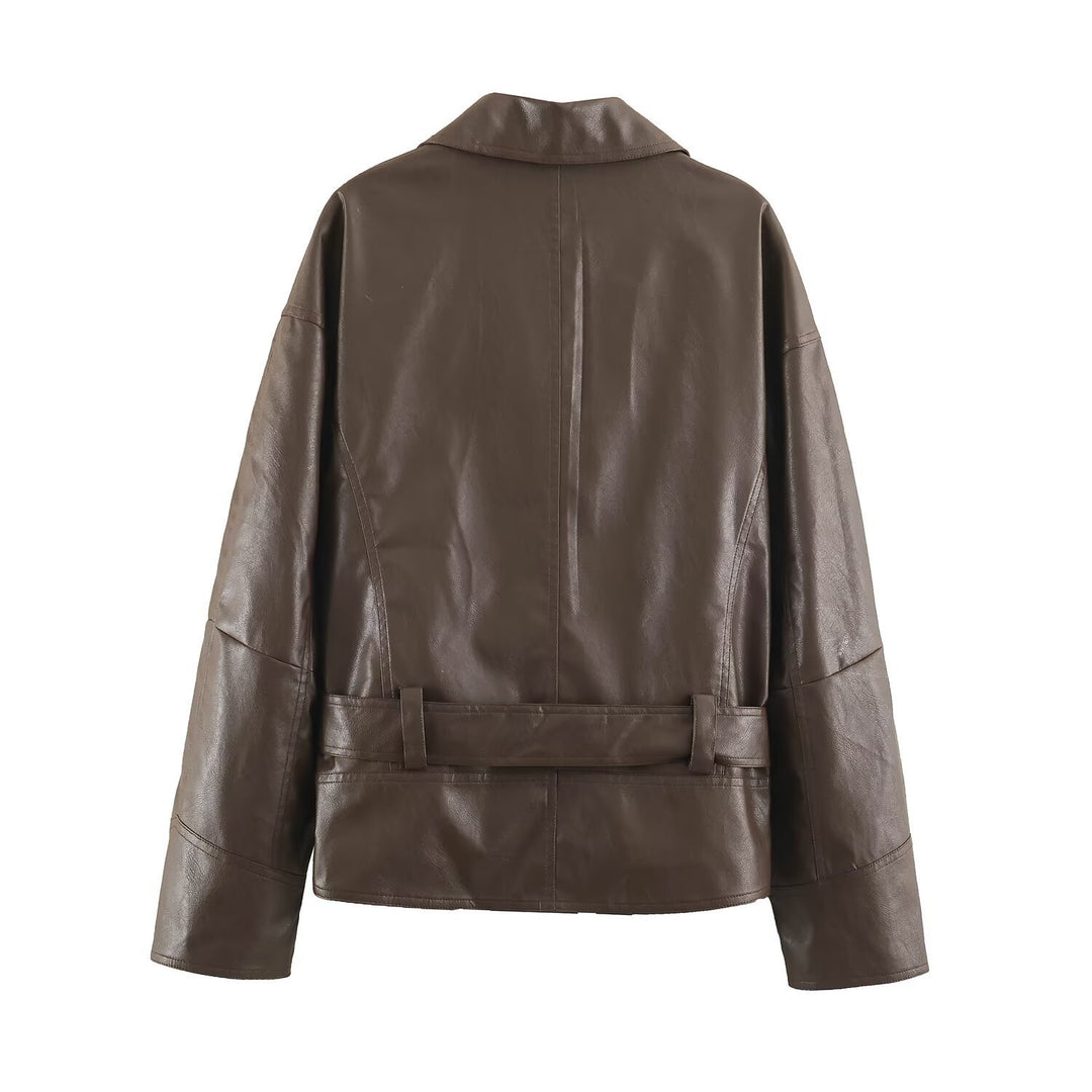 Damen Kurzjacke aus Lederoptik mit Bindegürtel und asymmetrischer Knopfleiste Shop Nory