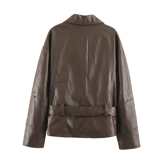 Damen Kurzjacke aus Lederoptik mit Bindegürtel und asymmetrischer Knopfleiste Shop Nory