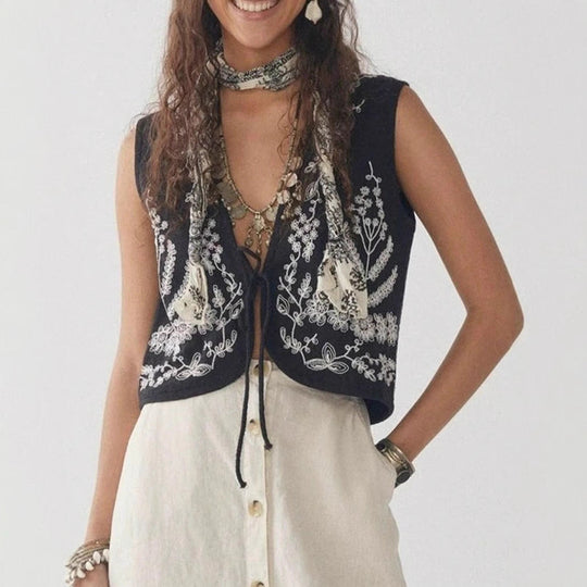 Damen elegante bestickte Weste mit offenem Schnitt und seitlichen Binde-Details