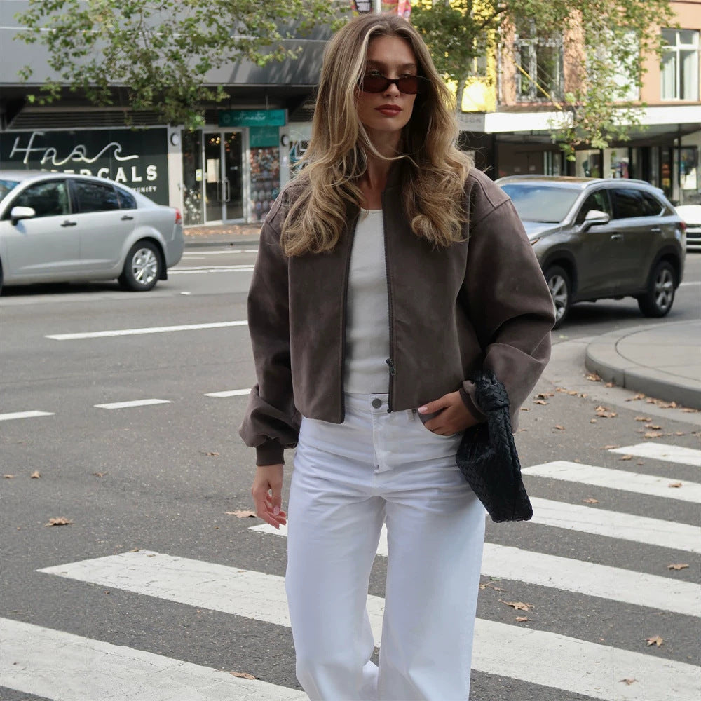 Damen Kurze Boxy-Suede-Bomberjacke mit Stehkragen und gerippten Bündchen Shop Nory