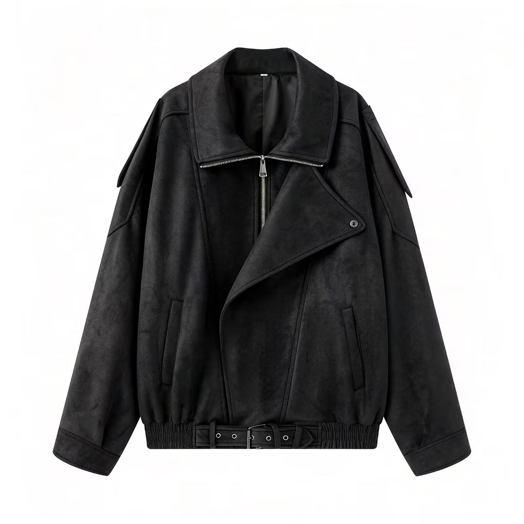 Damen Oversize Bomberjacke mit breitem Reverskragen, Taillengürtel und Schulterklappen Shop Nory