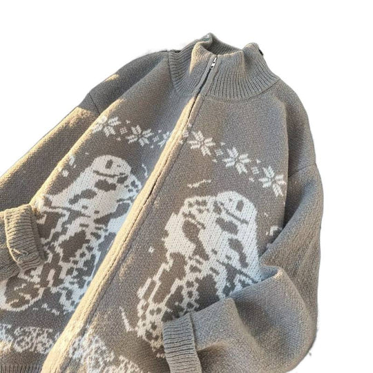 Unisex Übergroße Strickjacke mit durchgehendem Reißverschluss, hohem Rippkragen und Eulen-Intarsien Shop Nory